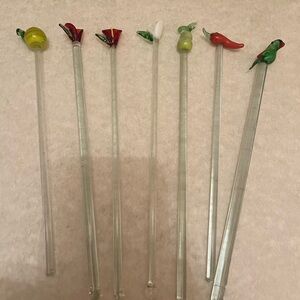 7  vintage Hand Blown Glass Swizzle Sticks Cocktail stirrers.